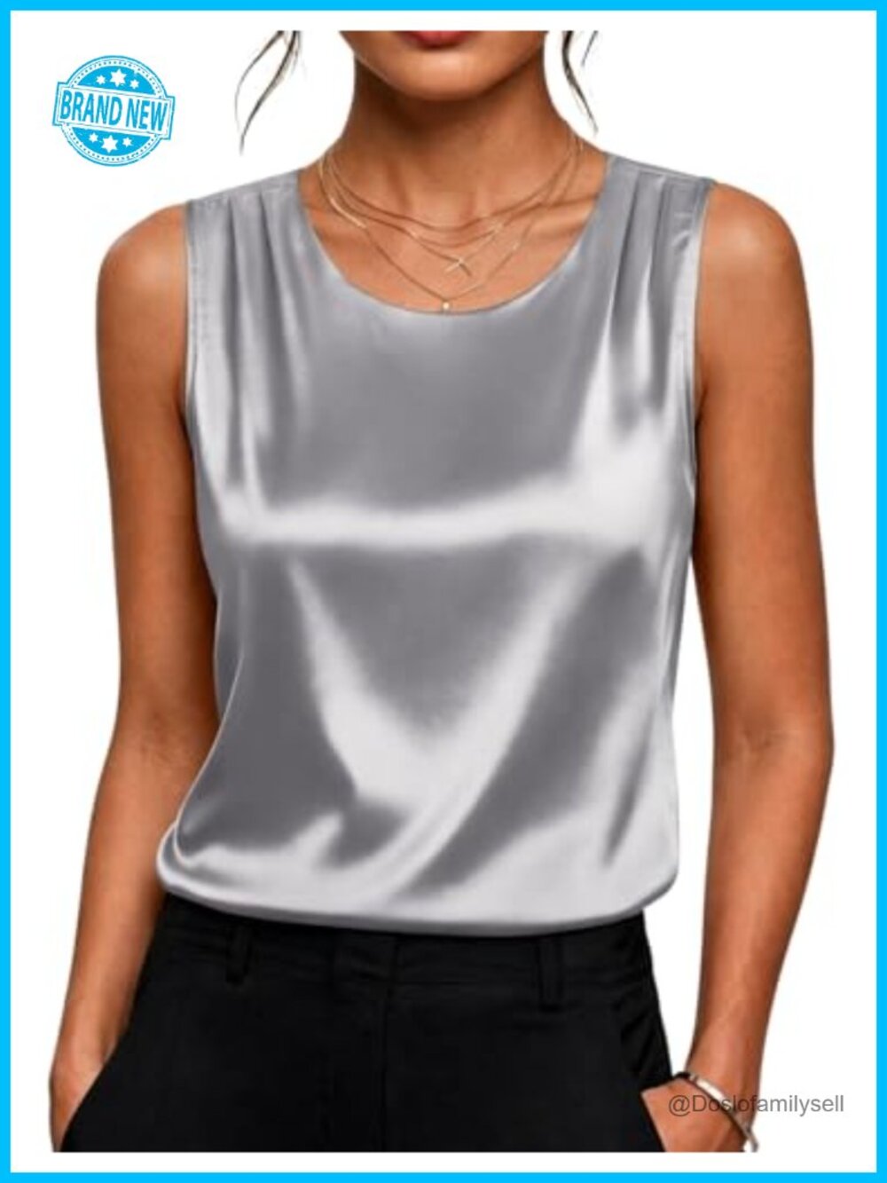 Satin Tank Top Pleated Sleeveless Blouse Dressy Casual Women's Top
